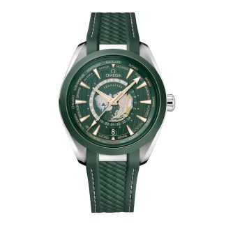 Omega Seamaster Aqua Terra 150m Co Axial Master Chronometer GMT Worldtimer 43mm Mens Watch Green Rubber O22032432210001